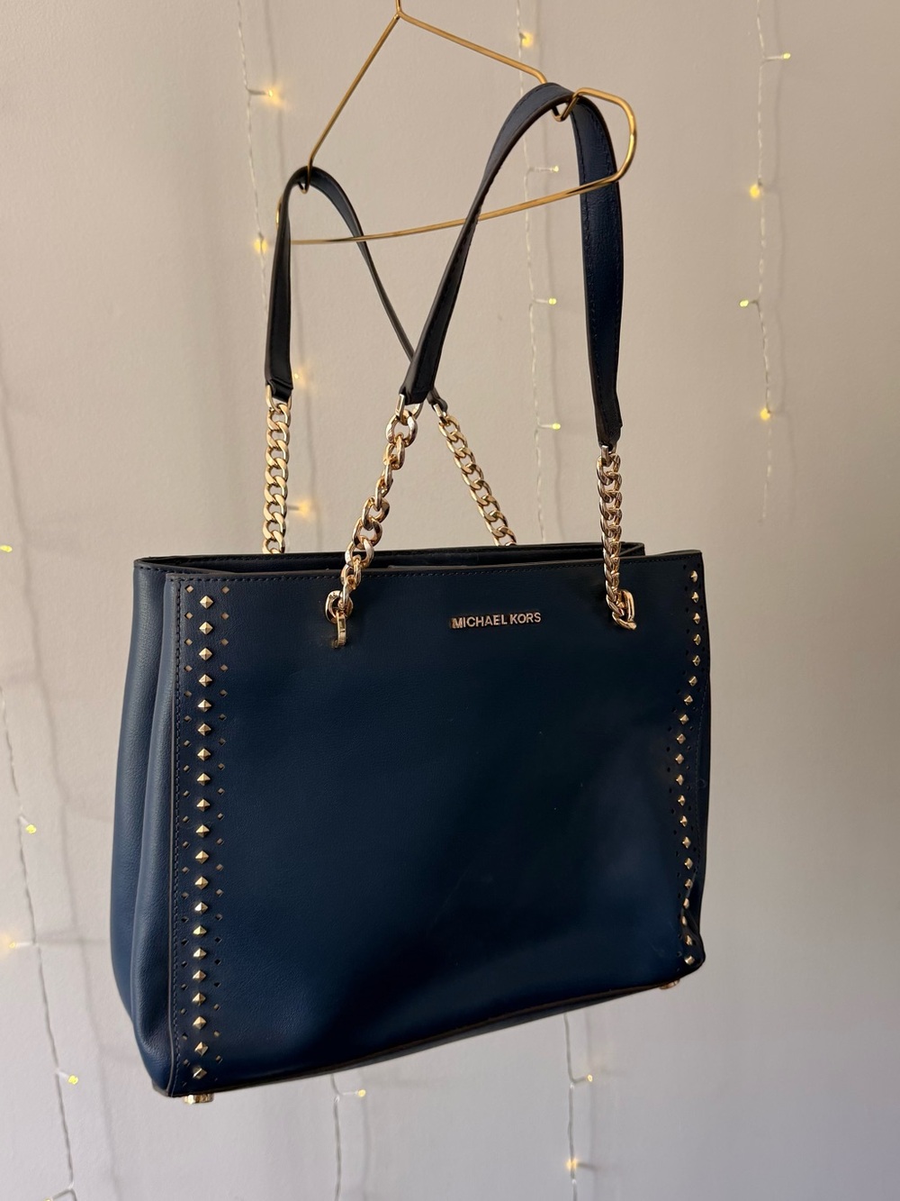 Authentic Michael Kors Ellis Studded Tote Bag Navy Gold | Rare